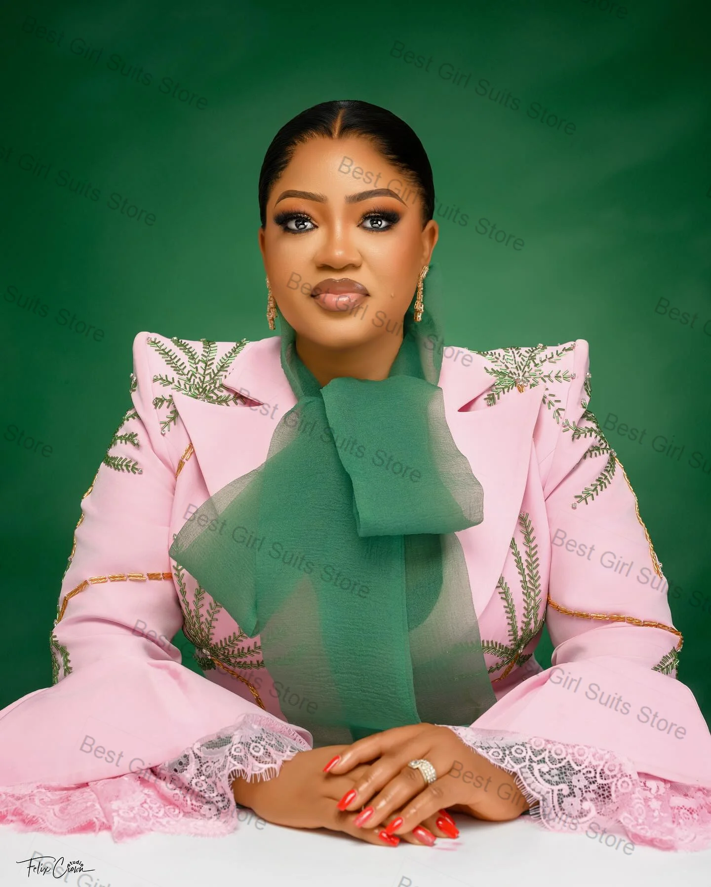 핑크 여성 정장 바지 세트 2 조각 블레이저 + 바지 녹색 페르시 공식 오피스 자켓 플레어 슬리브 맞춤형 웨딩 턱시도 코트