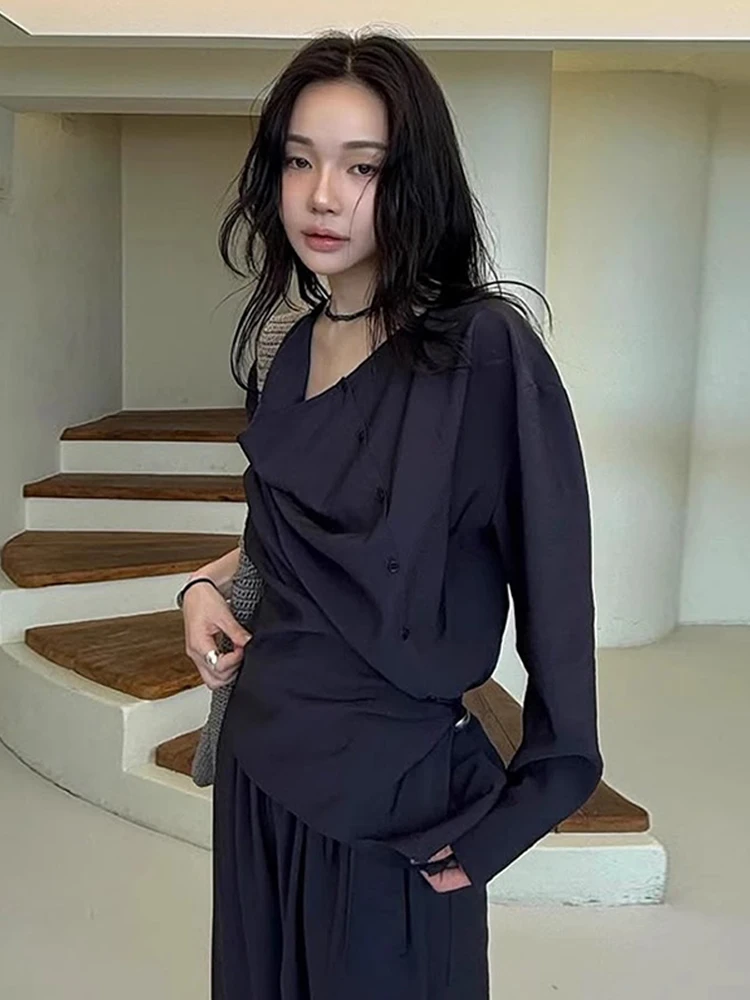 

Moia Women's Shirt Summer Loose Feel Wrap Body Asymmetrical Commute Shirt Button Design Polyester Blend Long Sleeve Pure Color