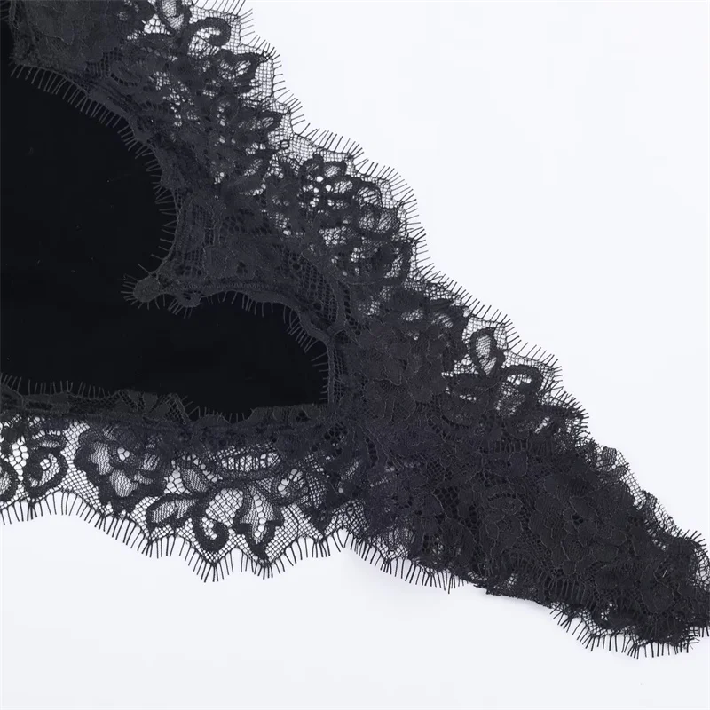 Vestido feminino 2025 outono recém chegados preto veludo cinta de espaguete vestido assimétrico com detalhes de renda sexy e elegante