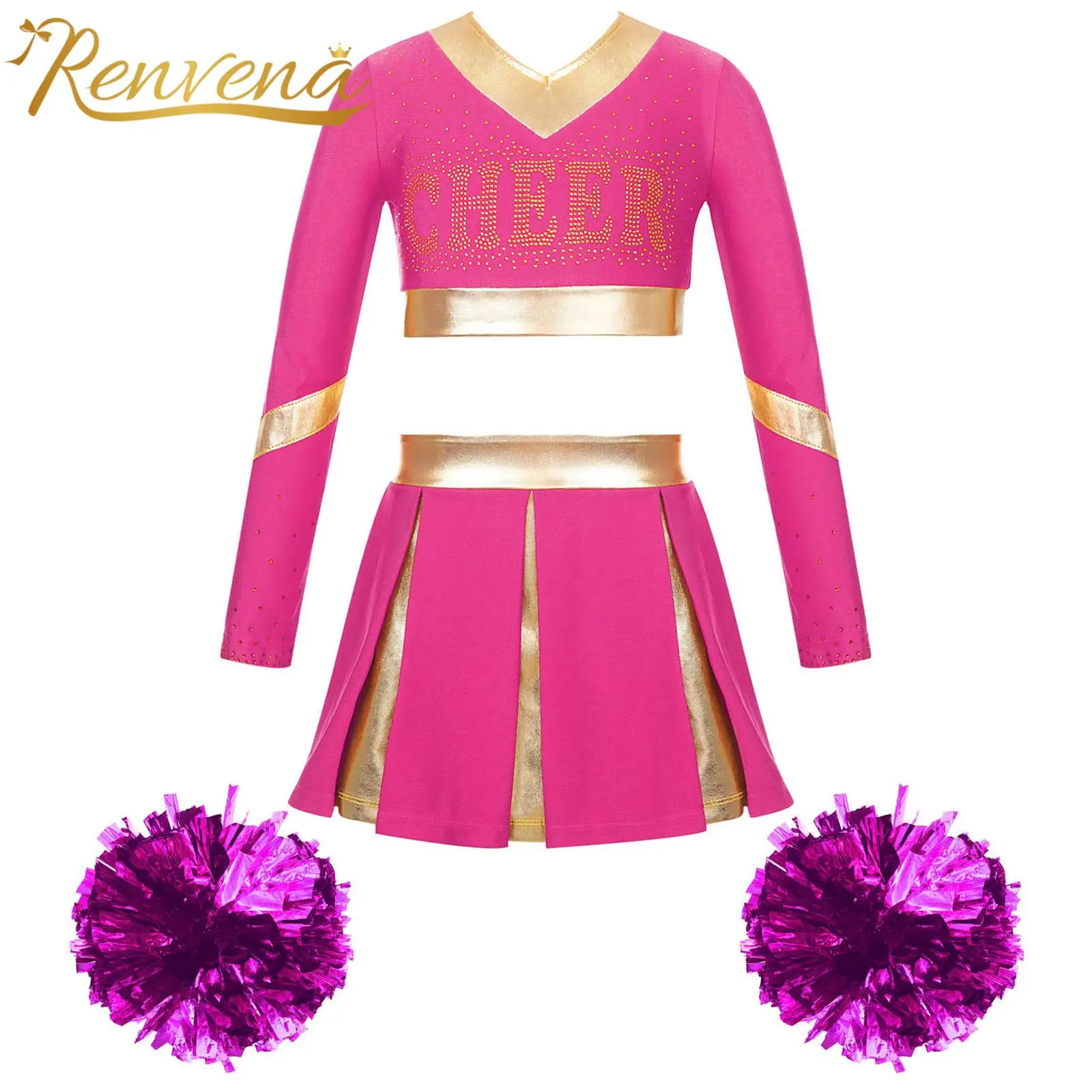 Kids School Girls Cheer Dance Outfit Teens Cheerleading Uniform with Flower Ball Dancewear Set for Children Cheeleader Clothes