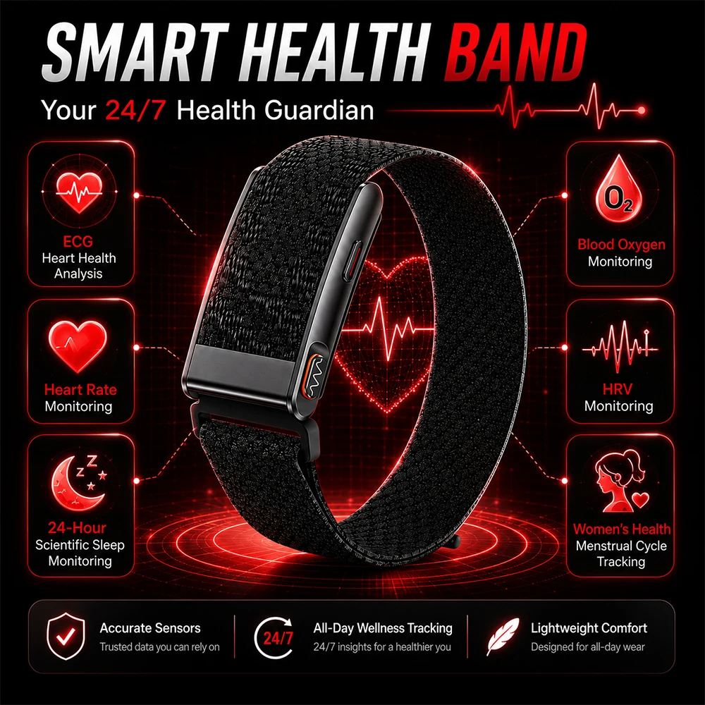 Pulsera Inteligente de Salud con ECG, Frecuencia Cardíaca, Presión Arterial, Monitor de Sueño, Temperatura Corporal, Grasa Corporal, Rastreador de Bienestar para Mujeres y Cuidado Familiar