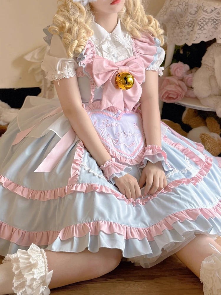 KIMOKOKM Kawaii Sweet Lolita Ruffles JSK Maid Dress Sweetheart Sleeveless Contrasting Color Bow Full Sleeve Girly Camisole Dress