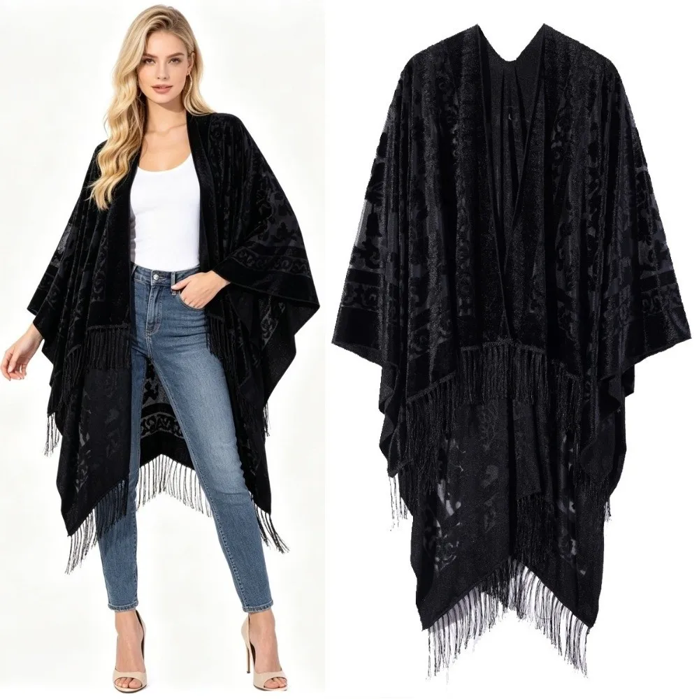 Open Front Burnout Velvet Shawl Lightweight Soft Floral Jacquard Cardigan Loose Oversized Fit Open Front Wrap