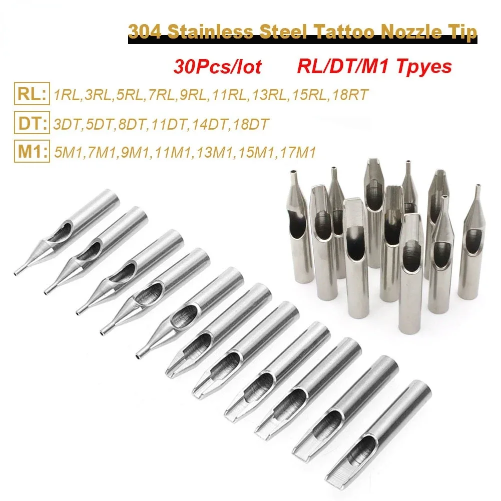 30Pcs  RL DT M1 22 Sizes Stainless Steel Tattoo Machine Nozzle Tips Tattoo Grip Needles  Kit Eyebrow Makeup Supply Accessories