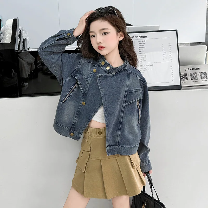

School Girls Autumn Coat Simple Solid Color Button Children Girls Outerwear Round Neck Long Sleeves Teenager Girls Denim Coat