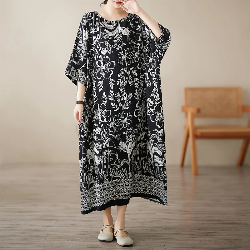 Vestido f de verão, estilo retrô, gola redonda, sem mangas, aodão e linho, saia longa, com botões, soltinho, para o ...
