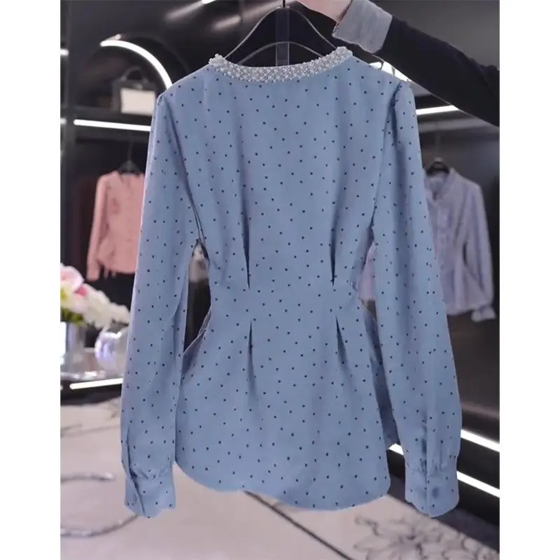 Women Clothing Vintage Polka Dots Print Ruffle Shirt Office Lady Elegant Commute Slim Blouse V Neck Long Sleeve Beaded Chic Tops