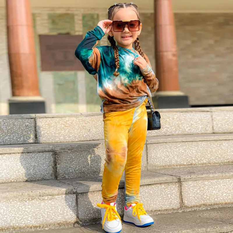 Kids Girls Autumn Clothes Sets Long Dolman Sleeve T-shirt+Tie Dye Pants Casual Clothing For Children\'s Girl Toddler Baby Girls