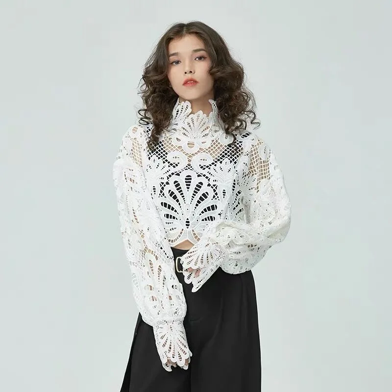 Lace Hollow Out Zipper Lady Blouse French Elegant Luxury Design Tops Lantern Sleeve Shirts Stand Collar Vintage Palace Party Top