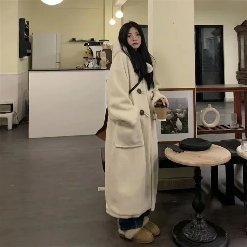 Winter Fluffy Jacket Women Vintage Casual Lamb Wool Long Coat Female Korean Fashion Long Sleeve Horn Button Hooded Plush Outwear