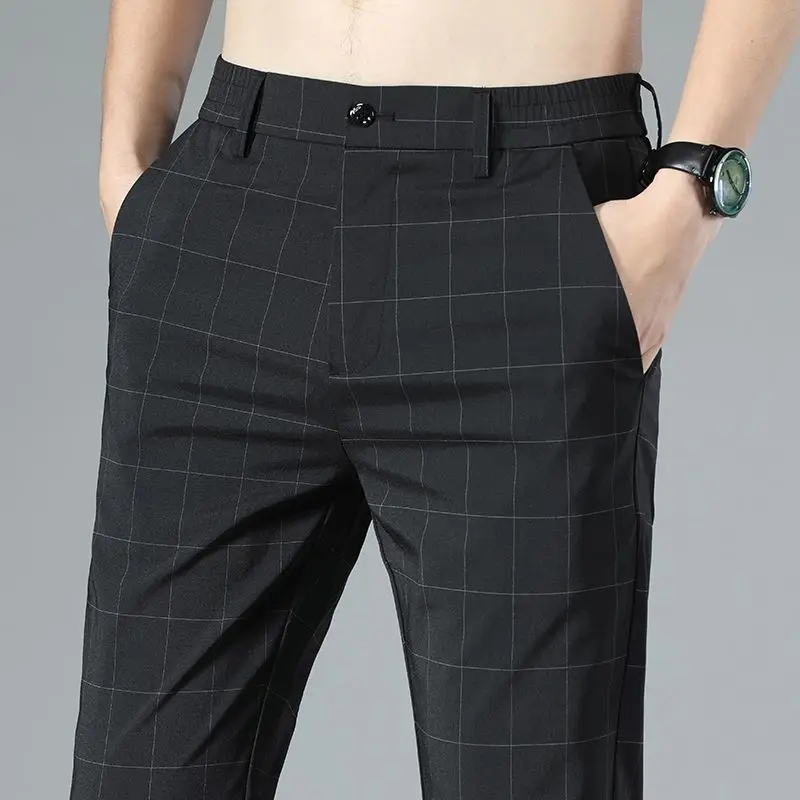 Male Suit Trousers Check Cooling Ice Silk Plaid Straight Up Clothes Offer Slacks Designer Men\'s Summer Pants Fabric 2024 Classic