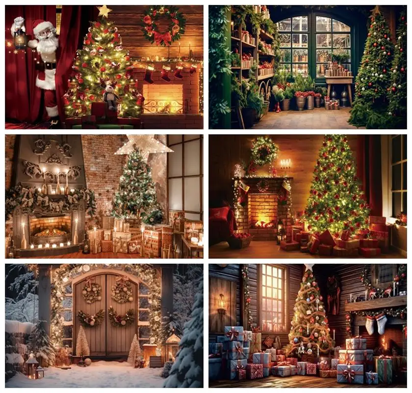 

Laeacco Christmas Fireplace Backdrop Interior Glitter Xmas Tree Stocking Santa Claus Family Kids Portrait Photography Background