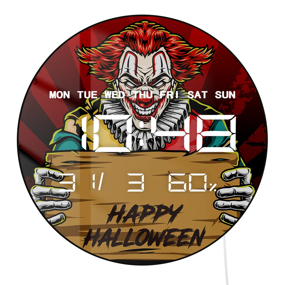 Evil Clown LED Digital Wall Clock with Timer Date Temperature Display Halloween Home Decor Multifunction Electronic Wall Clock