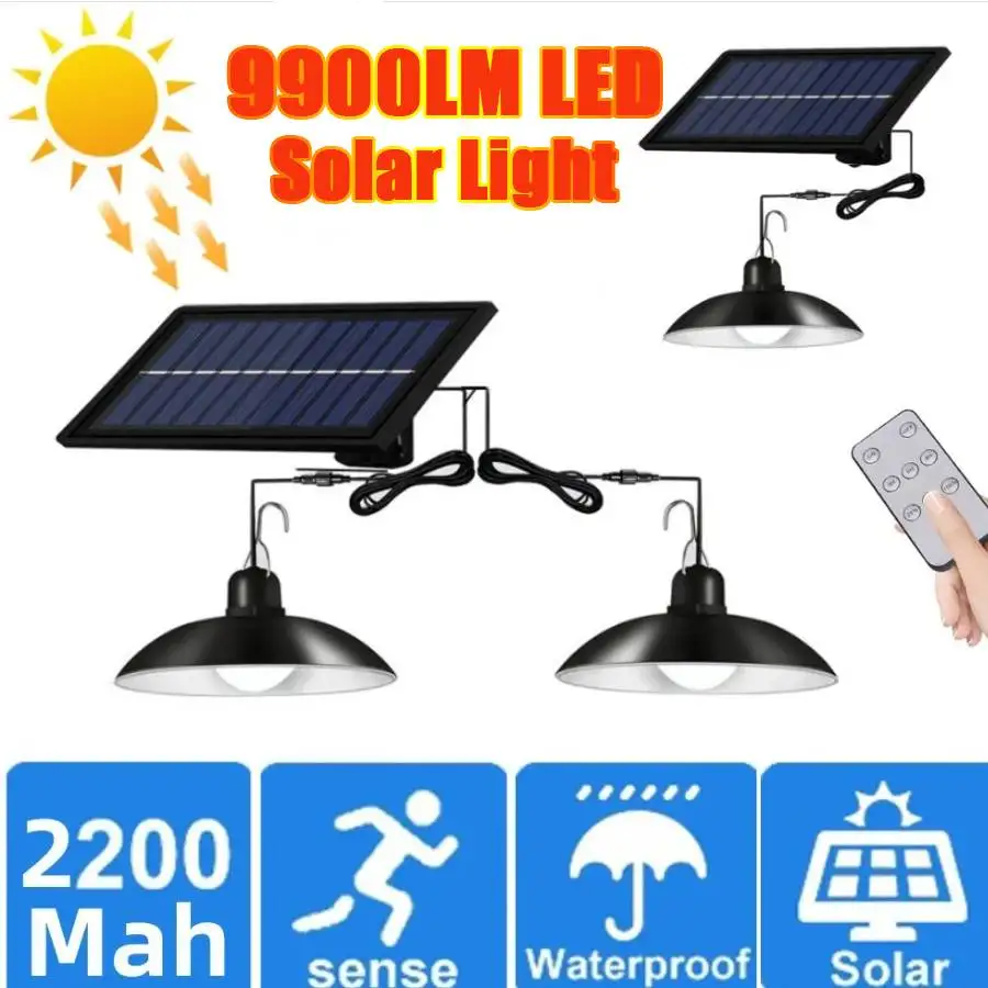 Single Dual Heads Solar Pendant Lights Remote Control Indoor Outdoor Shed Lamp Led Hanging for Storage Room Yard Porch Garden