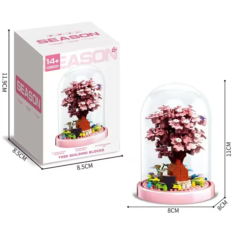 Casa del árbol de las cuatro estaciones, vista a la calle, bloques de construcción en miniatura, modelo de ladrillo de construcción, regalos de la serie de decoración del hogar, kawaii