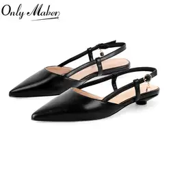 Onlymake Women Pointed Toe Black Matte Round Heel Slingback Flats Strap Retro Elegant Plus Size Daily Shoes