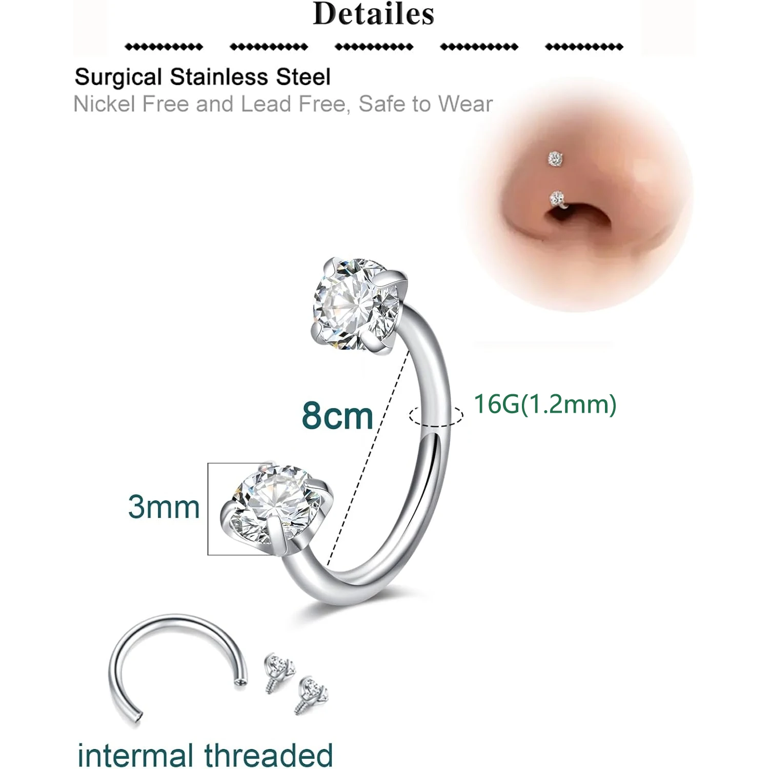 16G Nose Stud Stainless Steel Silvery Horseshoe Women Hypoallergenic Double Gem Corkscrew Nostril Piercing Jewelry Men Trendy