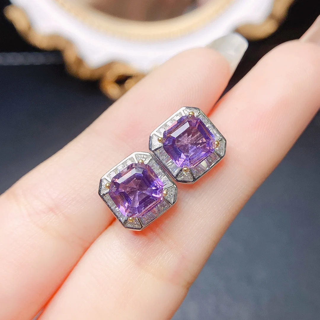 FS 7mm Natural Amethyst Ear Studs for Women S925 Sterling Silver Fashion Fine Charm Weddings Jewelry Certificate MeiBaPJ