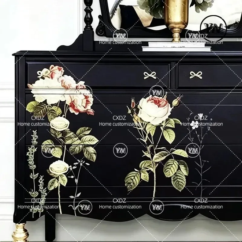 Painted Rose Black Solid Wood Makeup Table Retro Bedroom Dresser Medium Antique Vanity with Mirror