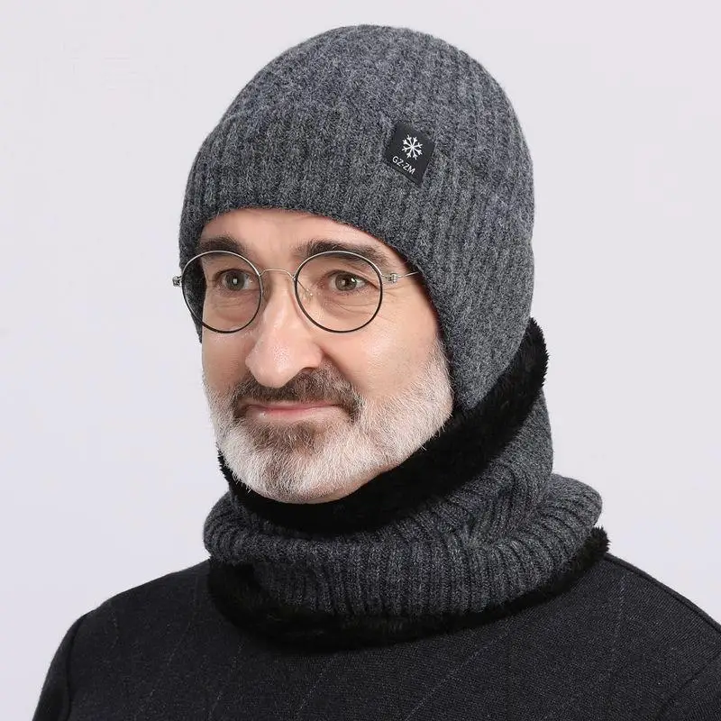 Winter Padded Earmuff Hat Warm Woolen Knitted Hats Father Men's Velvet Warm Neck Integrated Hat Thickened Woolen Hat