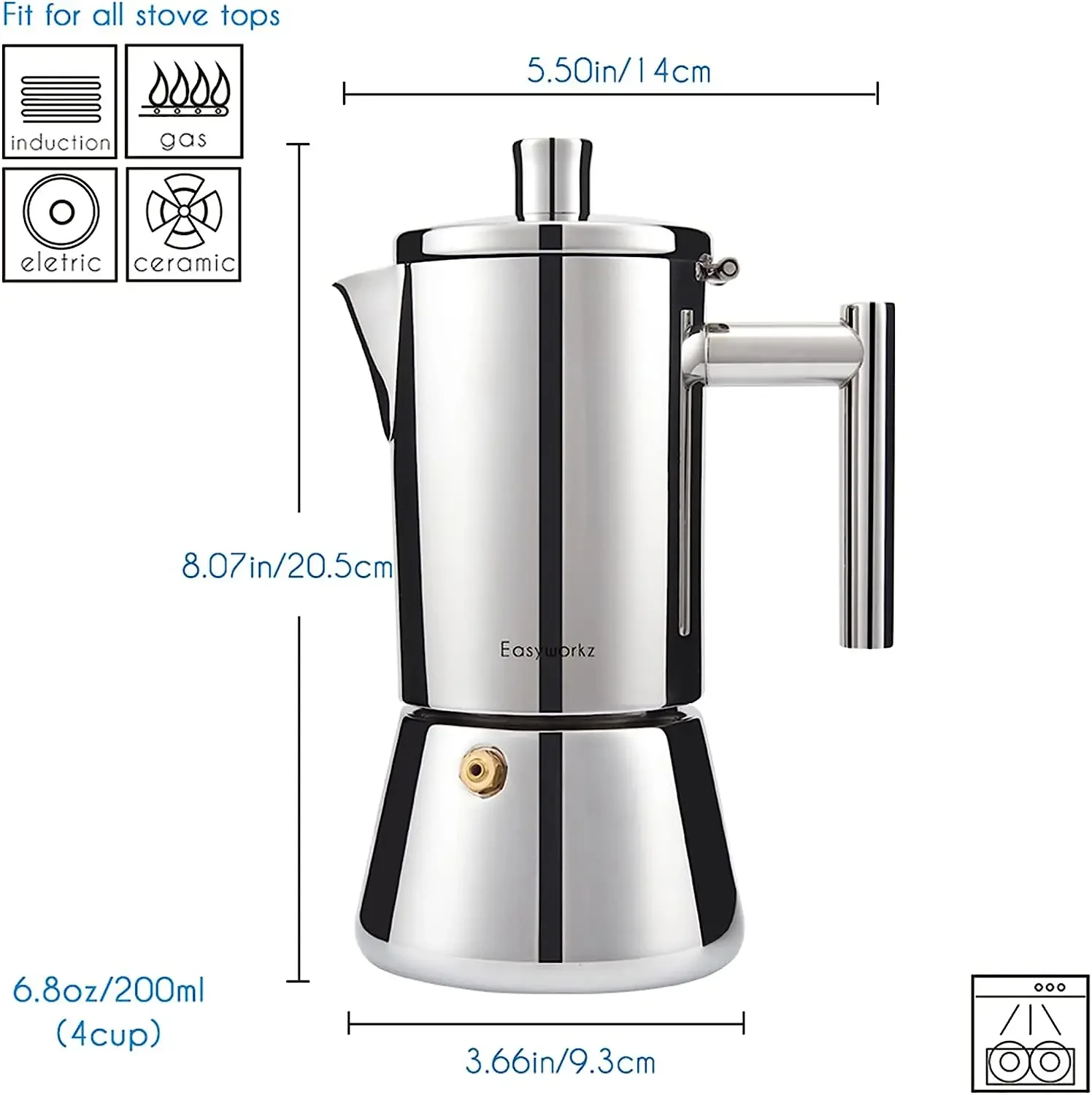 Diego Stovetop Espresso Maker Stainless Steel Italian Coffee Machine Maker 4Cup 6.8 oz Induction Moka Pot