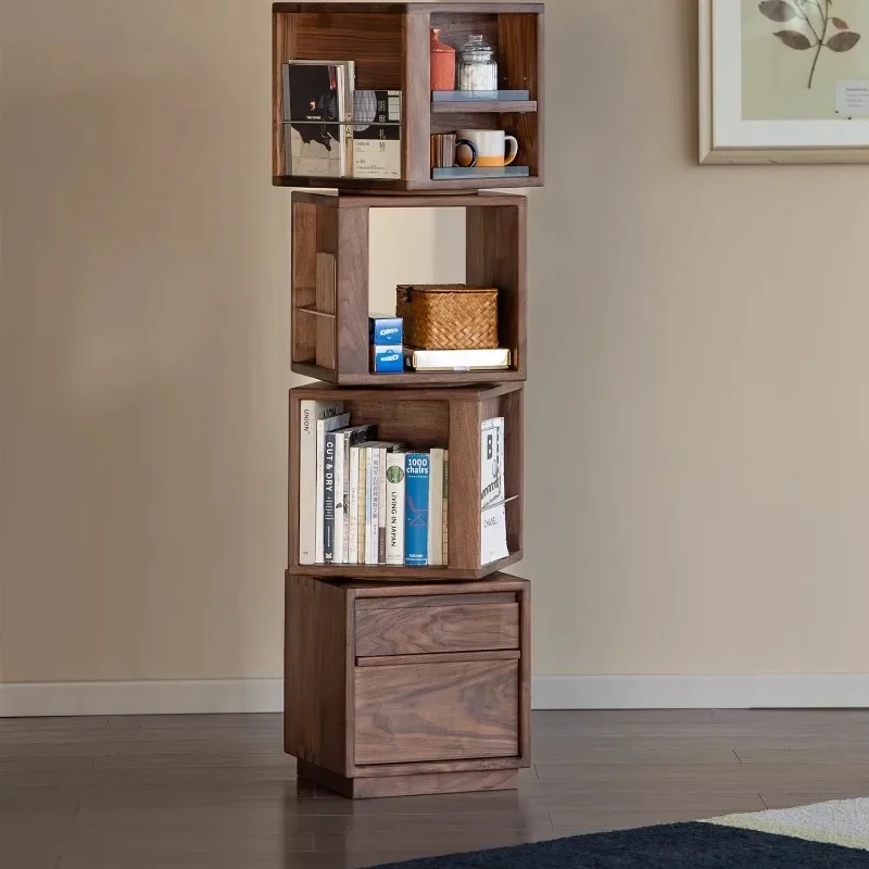 Black walnut rotating bookshelf Solid wood bookcase Narrow display cabinet Floor-to-ceiling living room storage side cabinet