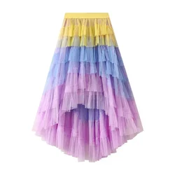 Women's Tulle Skirt Ruffle Multilayer Mesh A Line Tier Tutu Prom  Irregular High Waisted Gradient Rainbow TulleLong Skirt 1379