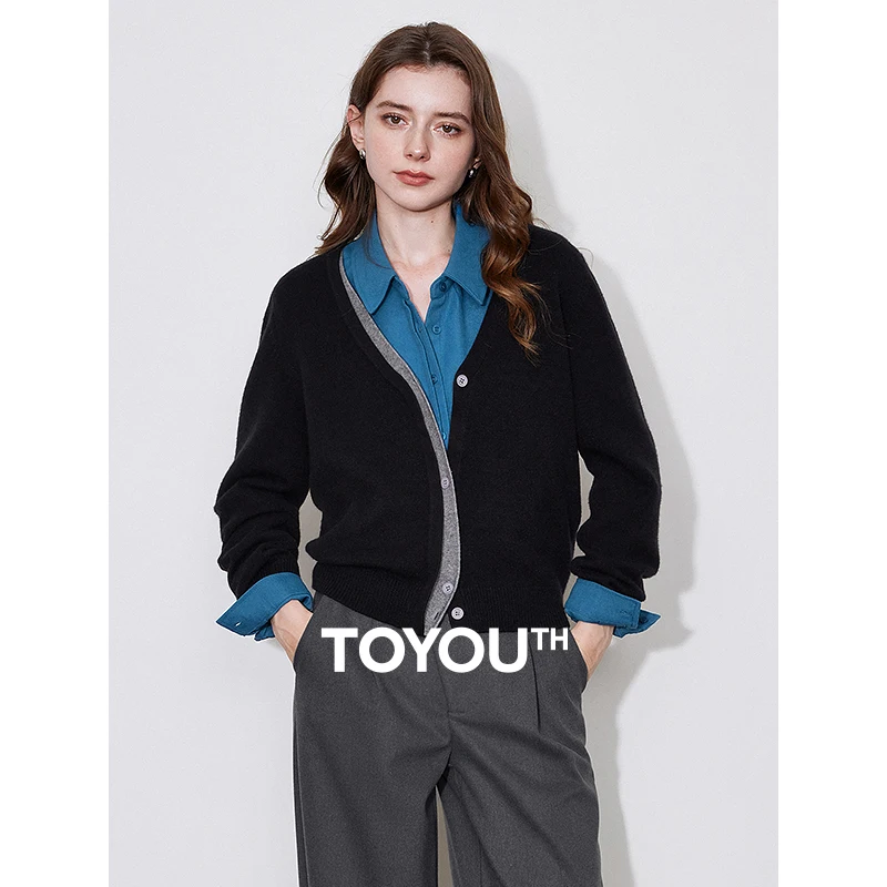 TOYOUTH Women Knitted Cardigan 2024 Autumn and Winter New Two Piece Color Contrasting Splicing V-neck Sweater Warm Tops