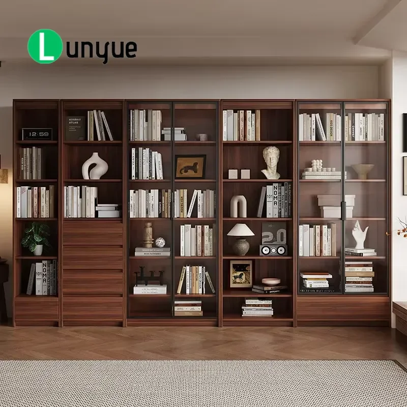 Solid Wood Oak Medieval Retro Bookcase with Glass Shelves for Living Room Study Storage Vintage Style Display Cabinet
