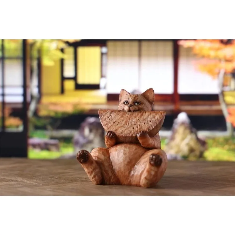 JXK Simulation Harz Tier Modell Holzschnitt Katze Essen Wassermelone Kleine Katze Kreative Figur Desktop Ornament Spielzeug Figuren