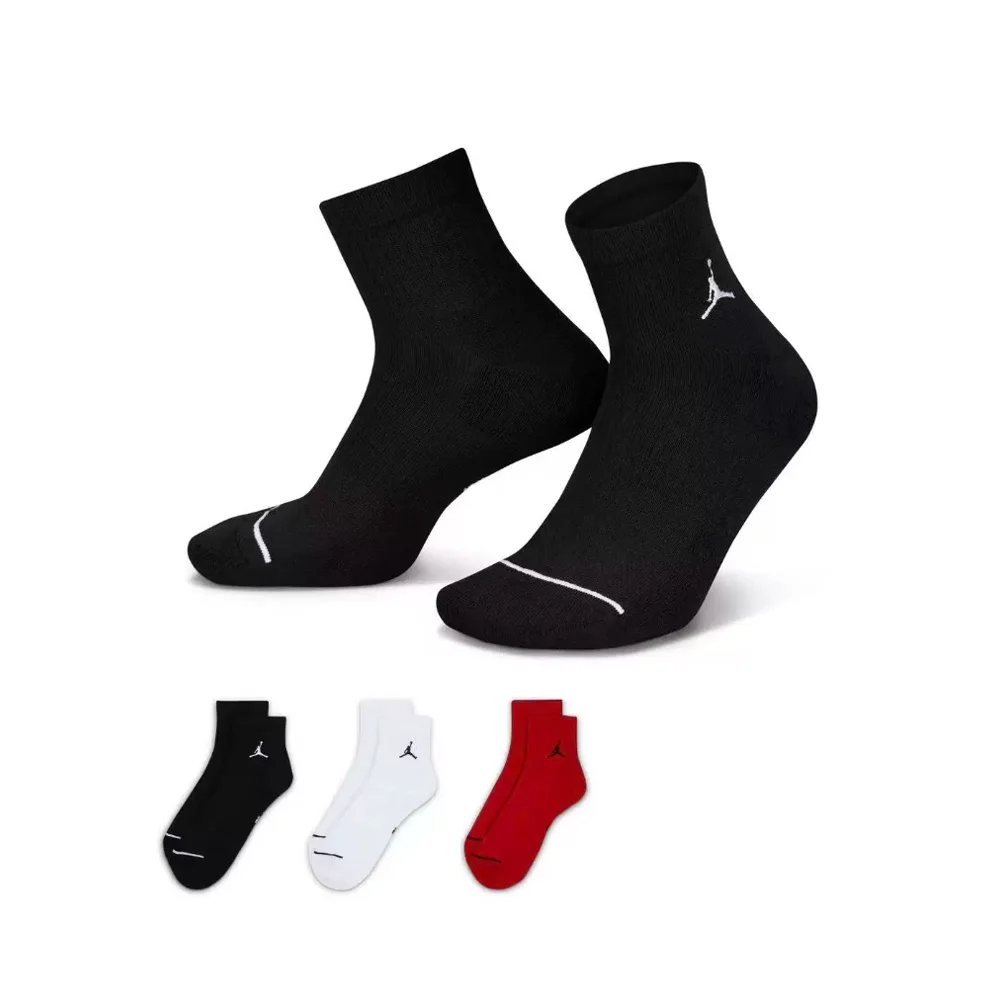 Jordan 3 Pares de Calcetines Deportivos Unisex, Color Sólido con Logotipo Impreso, Transpirables, Casuales, Negro Blanco Rojo DX9655-902
