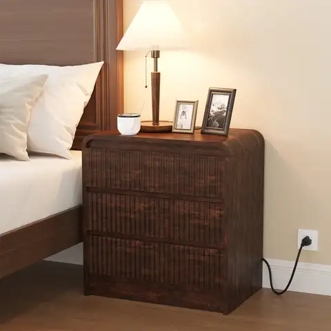 Fluted 3 Drawer Bedside Table With Charging Station USB And Type C Outlets Curved Waterfall Design Modern Slim Bedside Table Gray For Bedroom