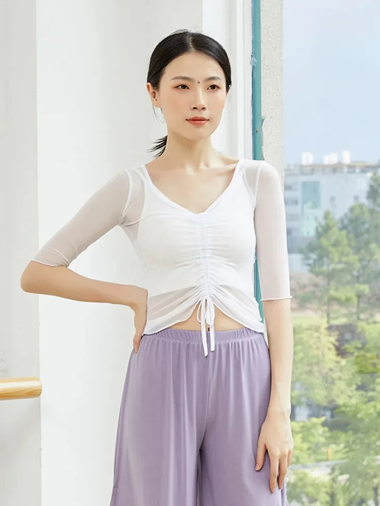 Competizioni di danza Abbigliamento primaverile ed estivo Top per donna adulta Forma del corpo Garza classica Abbigliamento da allenamento per balletto con coulisse