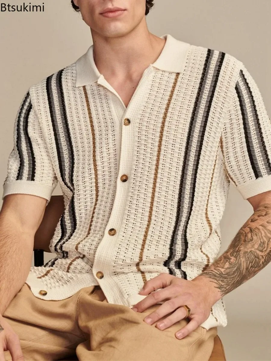 

2026 New Men's Stylish Striped Shirts Summer Knitted Short Sleeve Lapel Buttoned Cardigan Tops Mens Casual Slim Fit Knit Shirts