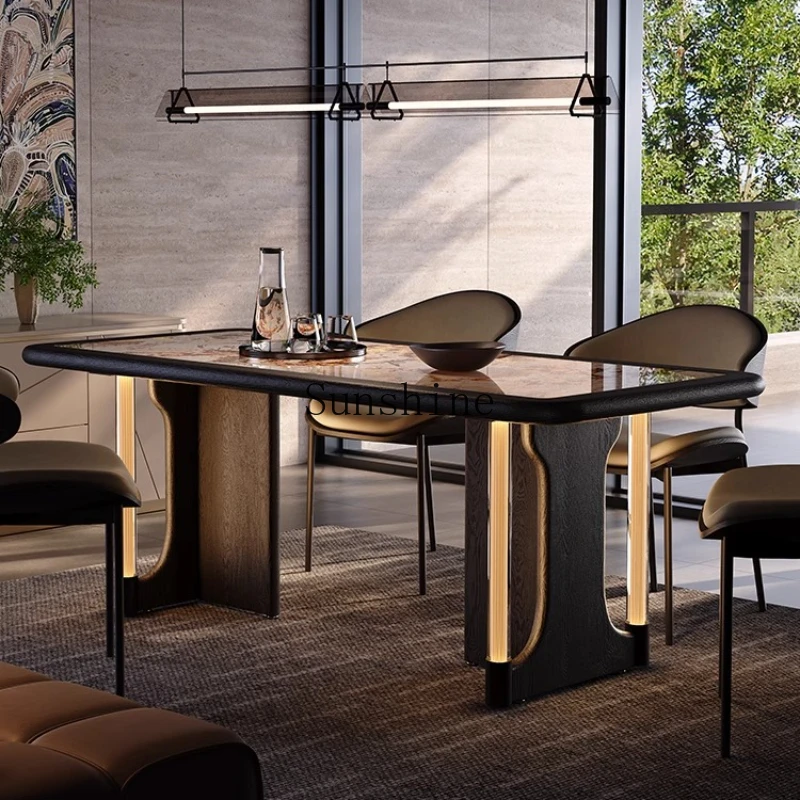 

Solid wood pure natural luxury stone dining table modern simple atmosphere light luminous advanced sense