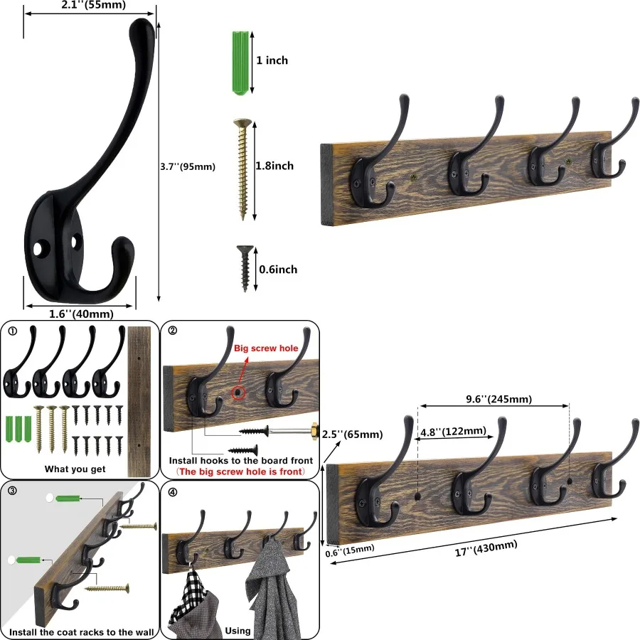 

Настенная вешалка для одежды, подвесное решение для прихожей с 4 черными литературными крючками в деревенском стиле для организации шарфов, сумок, полотенец, ключей, кепки