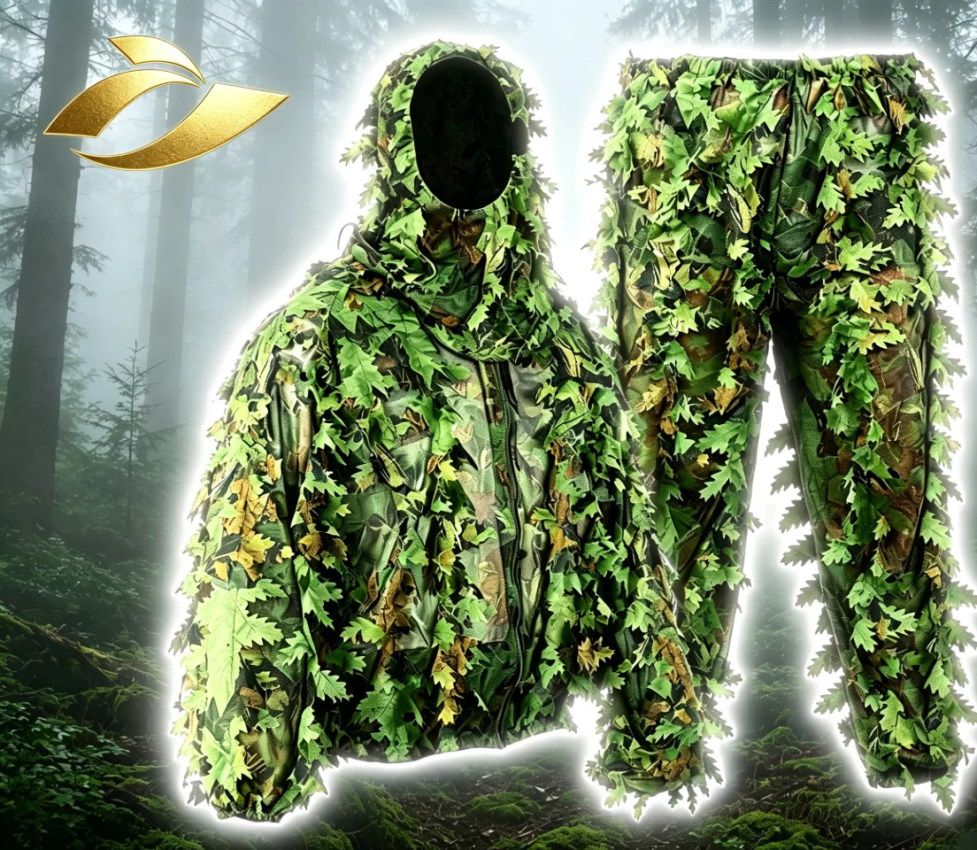 3D Leaf Ghillie Suit Camouflage Clothes Outdoor Bird Watching Airsoft Hunting Ghillie Uniform Hooded Jacket + Pants Set