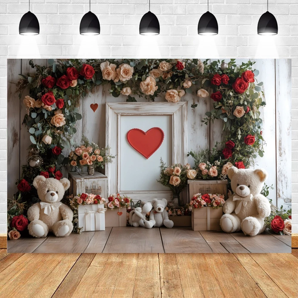 Valentine’s Day Toy Bears Room Backdrop Love Heart Rose Flowers February 14th Party Wedding Sweet Couple Photography Background