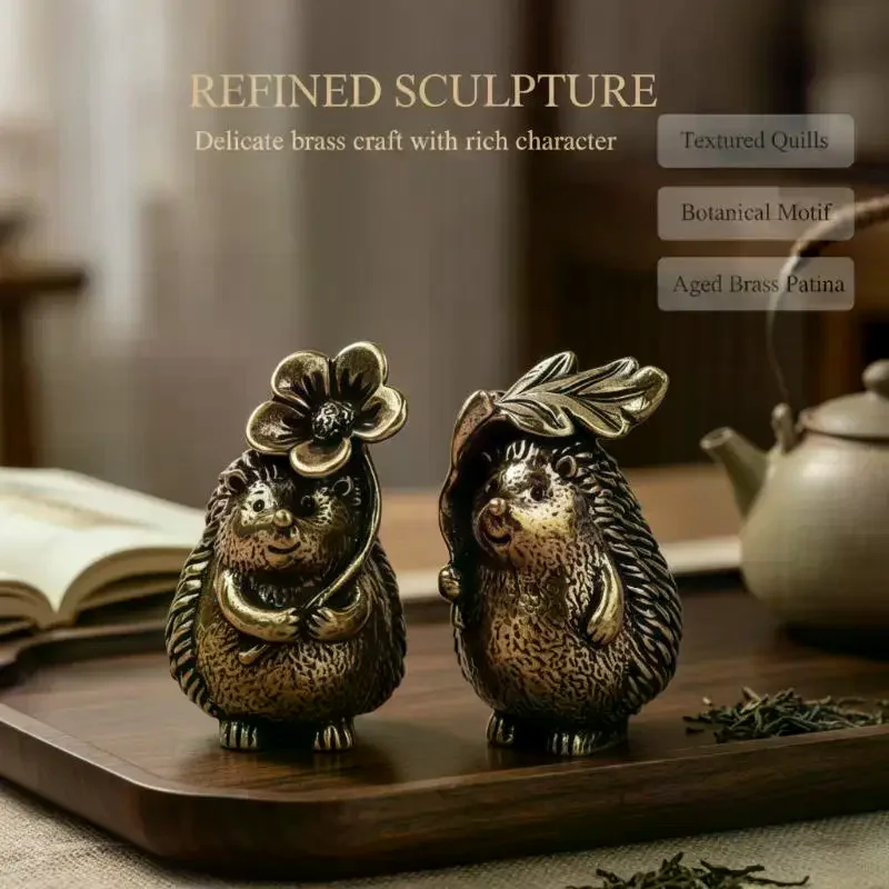 Collectible Brass Hedgehog Figurine (adorned With Leaves And Flowers), Suitable For Tabletop Display