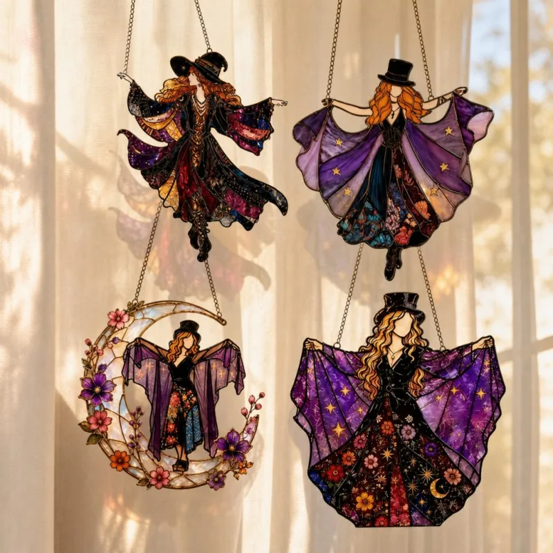 Halloween Acrylic Hanging Suncatcher – Gothic Witch Style Window Ornament – ​​Acrylic Hanging Art for Home, Garden, and Gifts