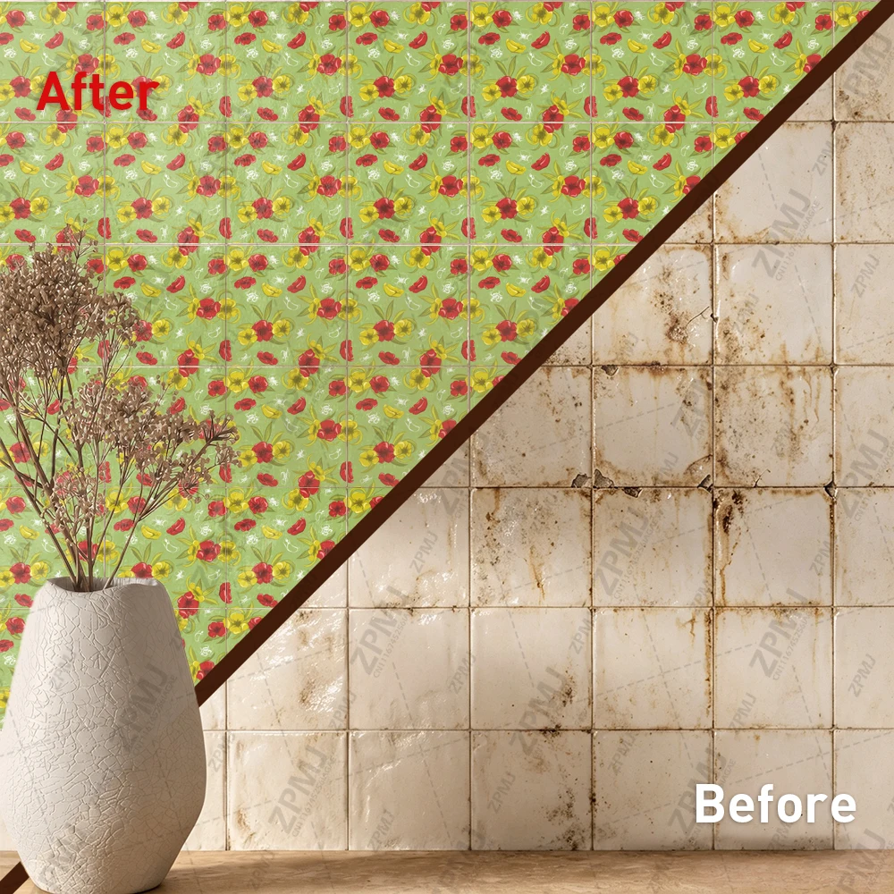 Red Yellow Floral Self‑Adhesive Tile Stickers, Colorful Poppy Flower Leaf Decor Wall Decals for Kitchen Bathroom Home Decor