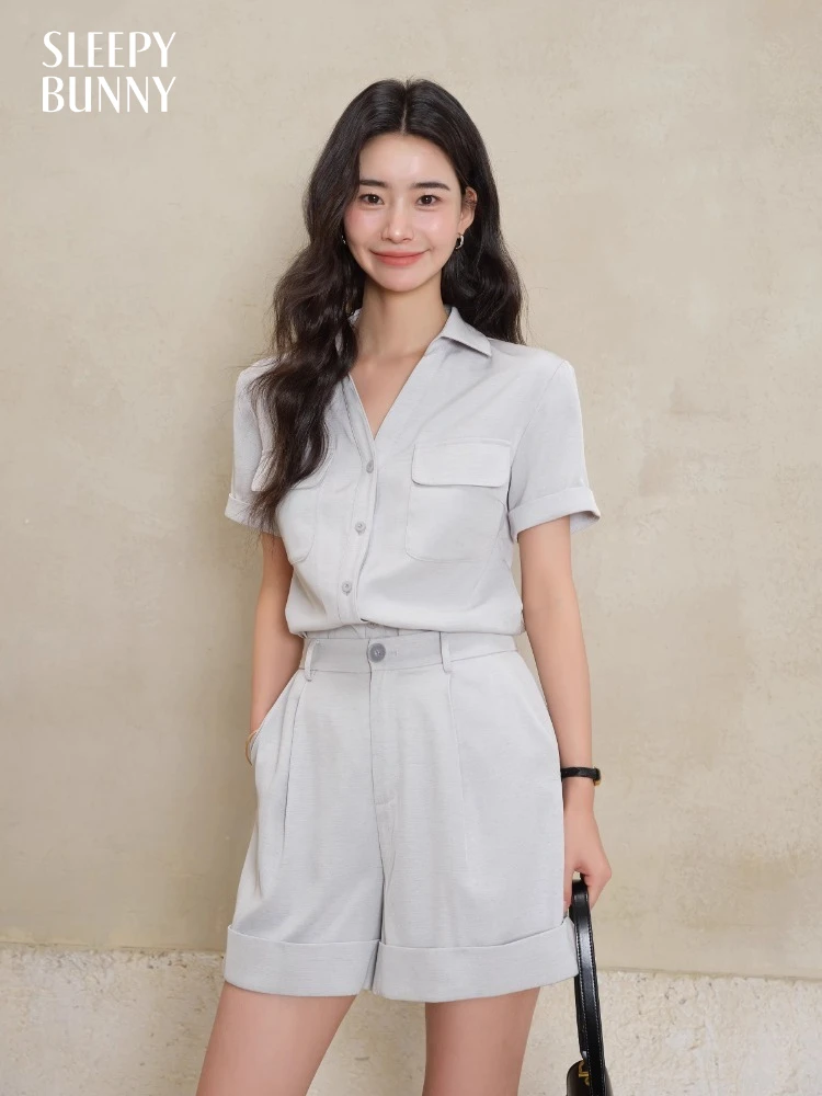 

Summer Linen Two Piece Set Women Short Sleeve Button Shirt High Waist Rolled Hem Shorts Casual Slim Fit Utility Work Outfit