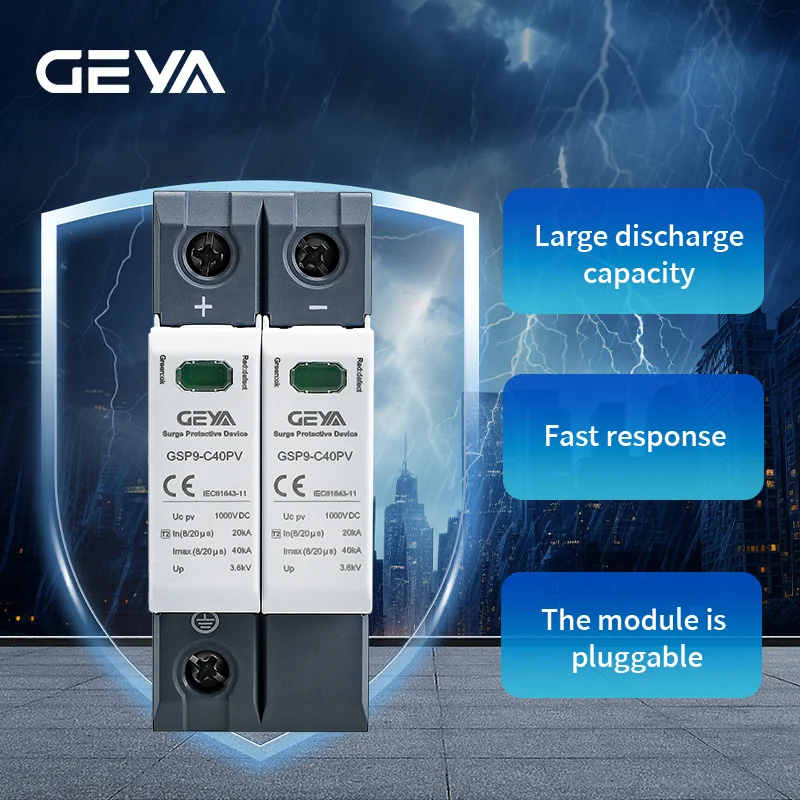 GEYA DC SPD Surge Protective Device 600V 1000V 2P 40KA Voltage Protector Solar Panel PV Photovoltaic Lightning Arrester Device