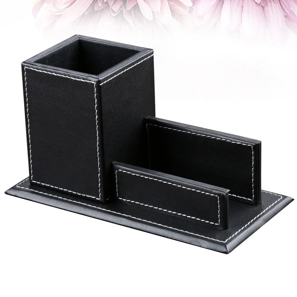 PU Desktop Organizer Pen Holder Business Card Stand for Office Desk Stylish Elegant Desktop Storage Solution Black