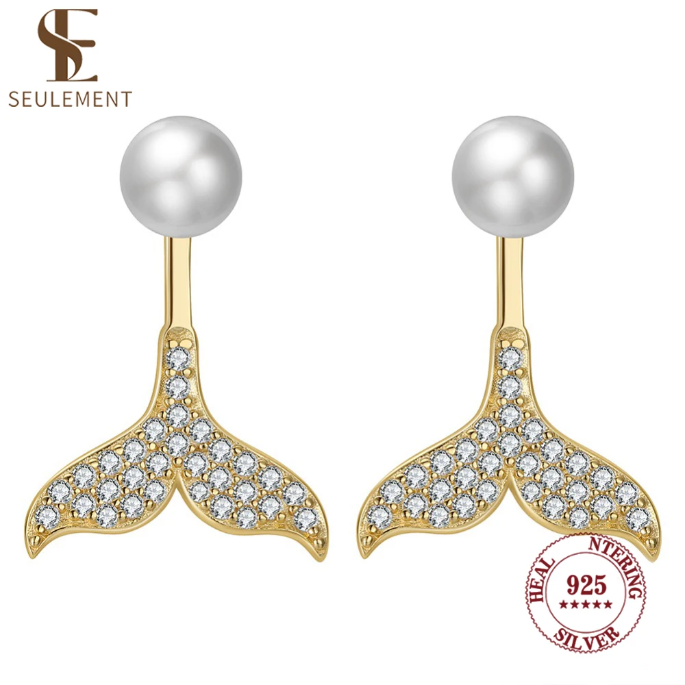 

Seulement 925 Sterling Silver Natural Freshwater Pearl Earrings Fish Tail Zircon Stud Earrings for Women Jewelry Accessories
