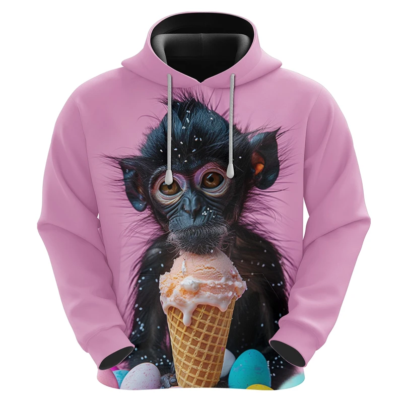 Cute Monkey Ice Cream Graphic Sweatshirts Pink Design Hoodies For Women Clothes Casual Female Hoodie Autumn Unisex Pullovers Top