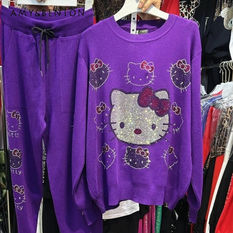 

Autumn Winter Women's Fashion New Rhinestone O-Neck Long Sleeves Sweatshirt And Pants Suit Casual Loose Kawaii Two-Pieces Sets