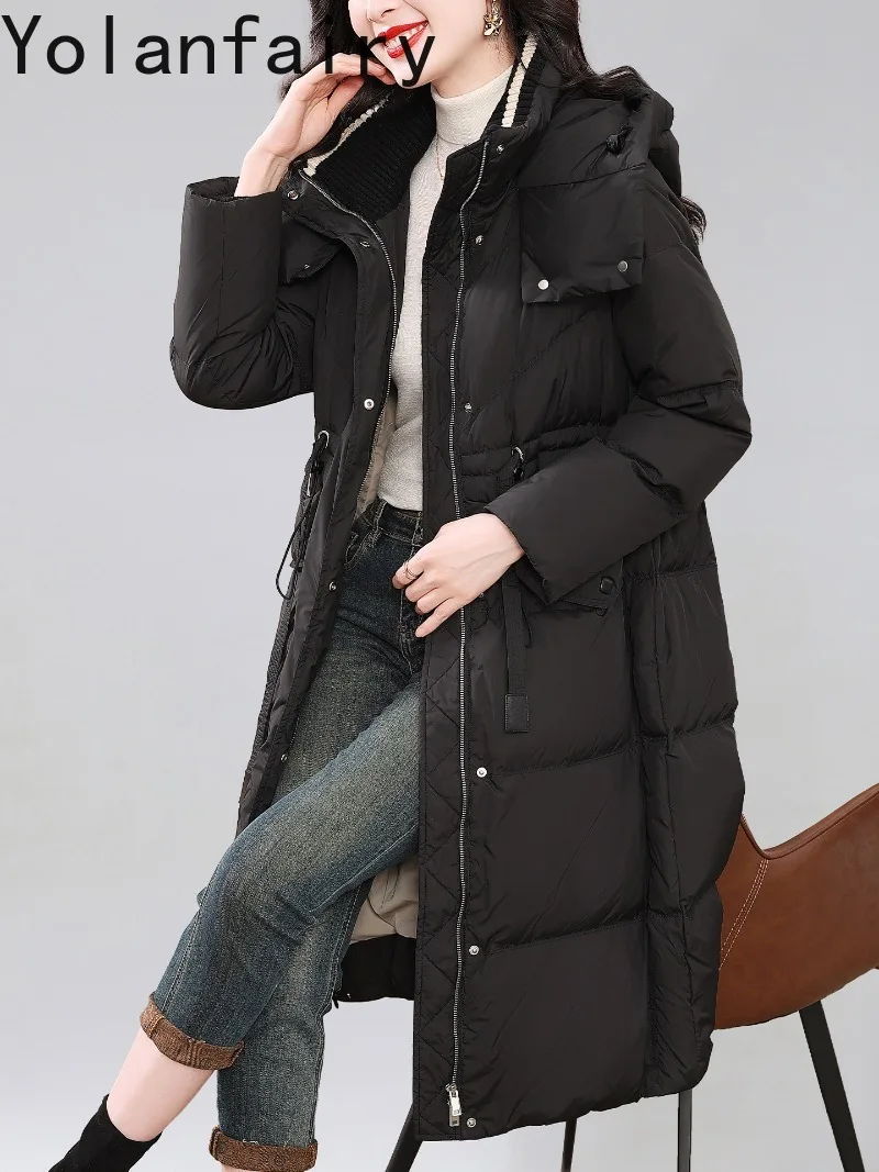 YOLANFAIRY Warm Long Puffer Jacket Women's Clothing Winter 90% White Duck Down Coat Hooded Black Down Jackets Cinched Waist