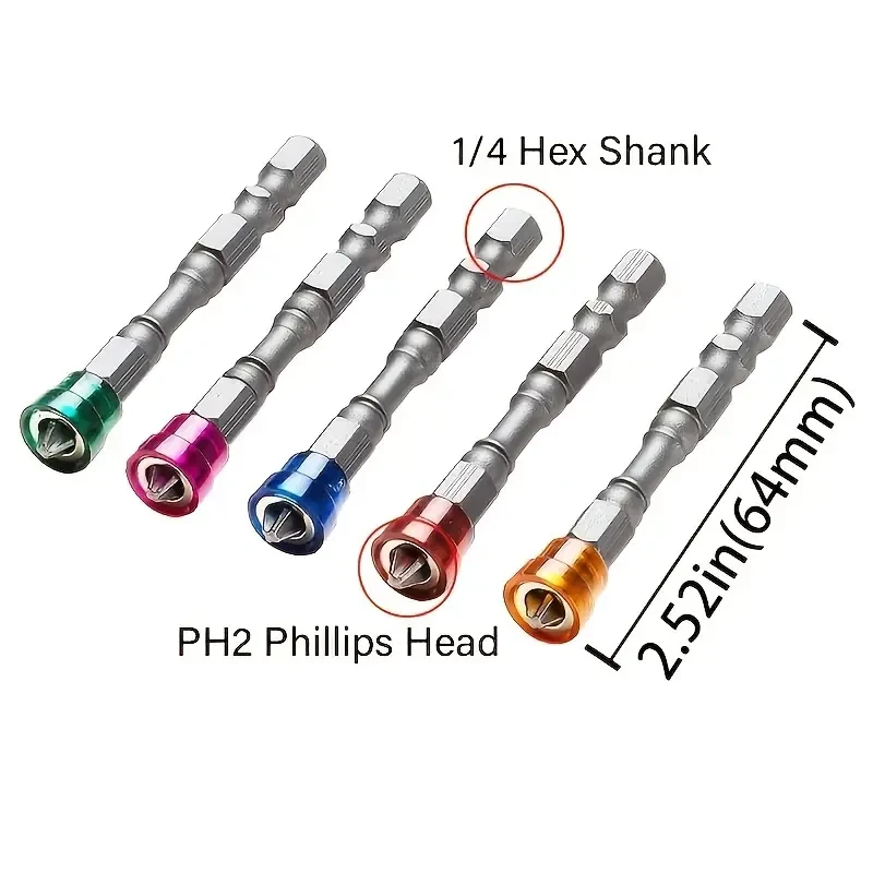 5Pcs Magnetic Screwdriver Bit Cross-head PH2 Magnetic Screwdriver Bits 1/4 Inch Hex Shank Drywall Electric Screwdriver Set