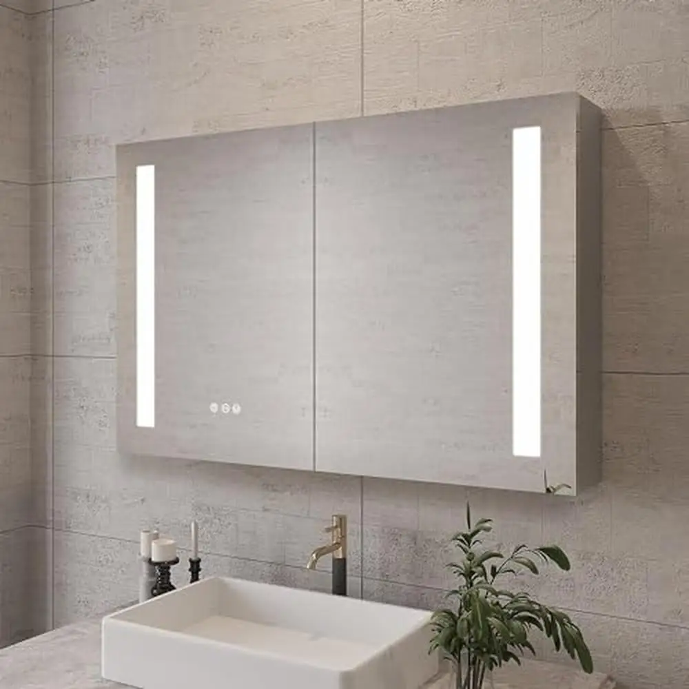 LED Mirror Medicine Cabinet Aluminum Anti-Fog IP44 Waterproof Adjustable Shelves Time Display Modern Design